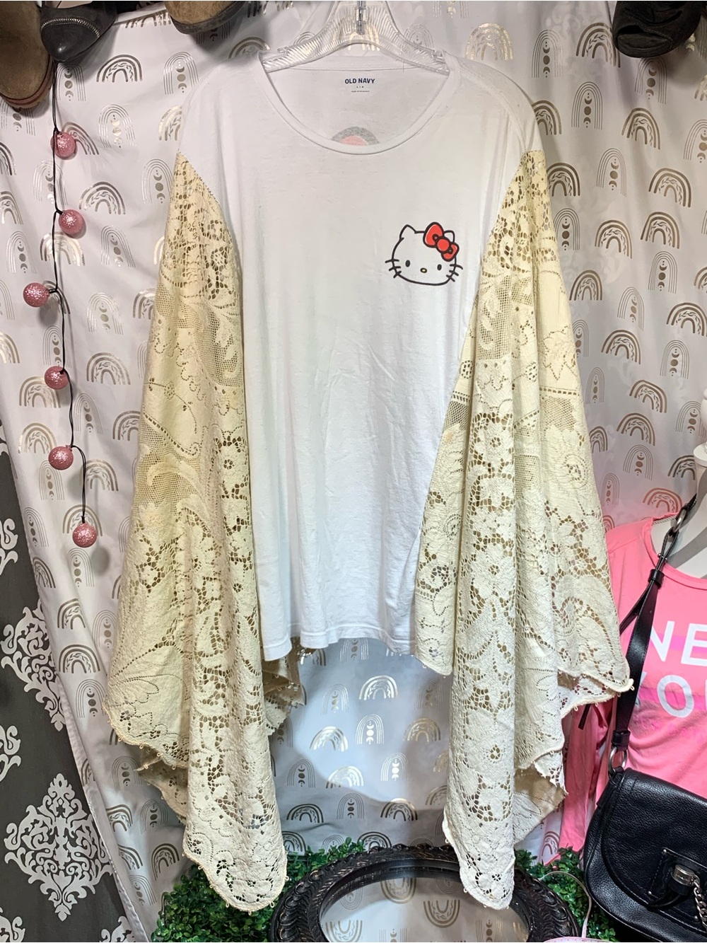 Old Navy Cream Lace-Sleeve Hello Kitty Top/poncho/swim coverup. Upcycled
